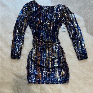 Dress the Population Sequin Long Sleeve Dress - Blue, Gold, Silver